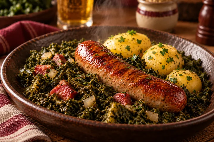 Grünkohl mit Bregenwurst und Kartoffeln vom Partyservice Kroll