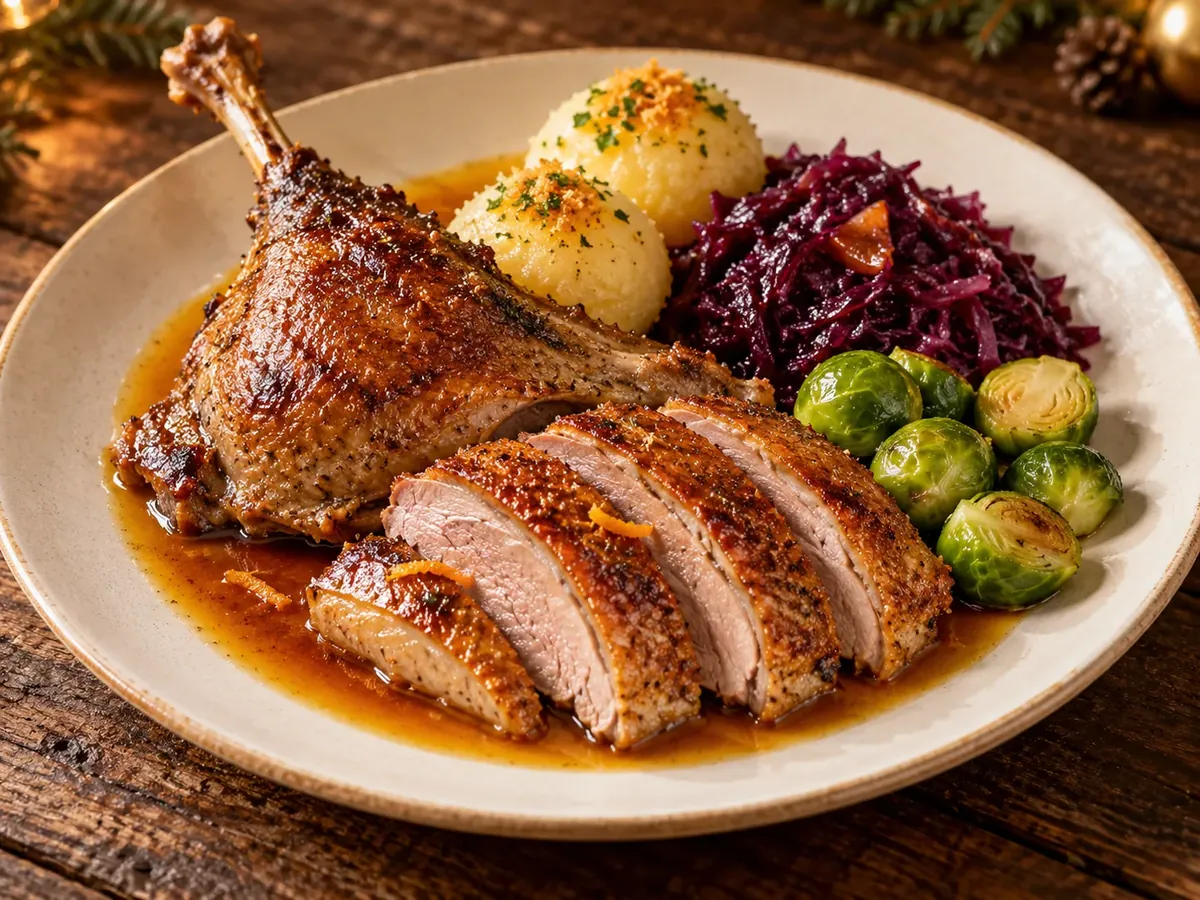 Gänse-Essen mit Gänsekeule, Gänsebrust, Knödeln, Rotkohl und Rosenkohl – Partyservice Kroll
