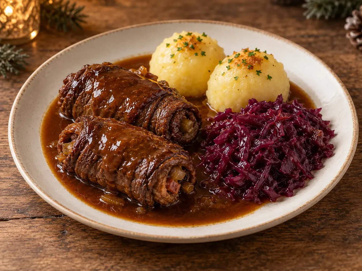Rinderrouladen mit Soße, Rotkohl und Knödeln – Partyservice Kroll
