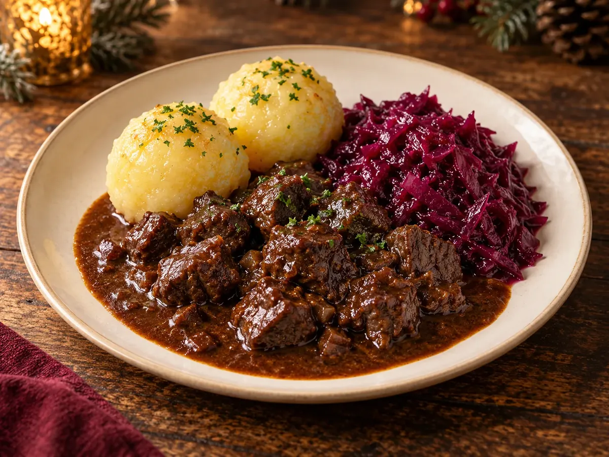 Wildgulasch mit Rotkohl und Knödeln – Partyservice Kroll