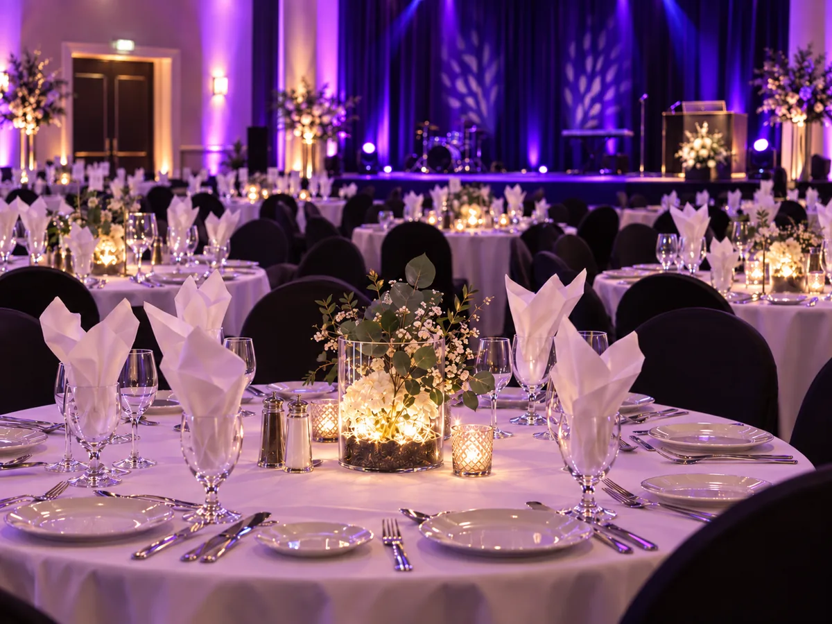 Festlich gedeckte Tische mit Blumenschmuck vor einer violett beleuchteten Bühne für einen Abiball