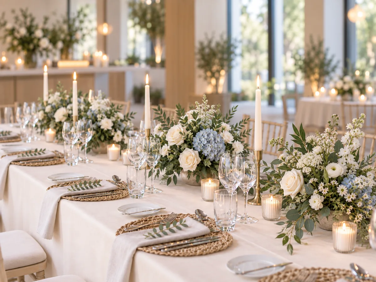 Festlich gedeckte Tafel mit weißen Blumen und Kerzen für Konfirmation oder Kommunion