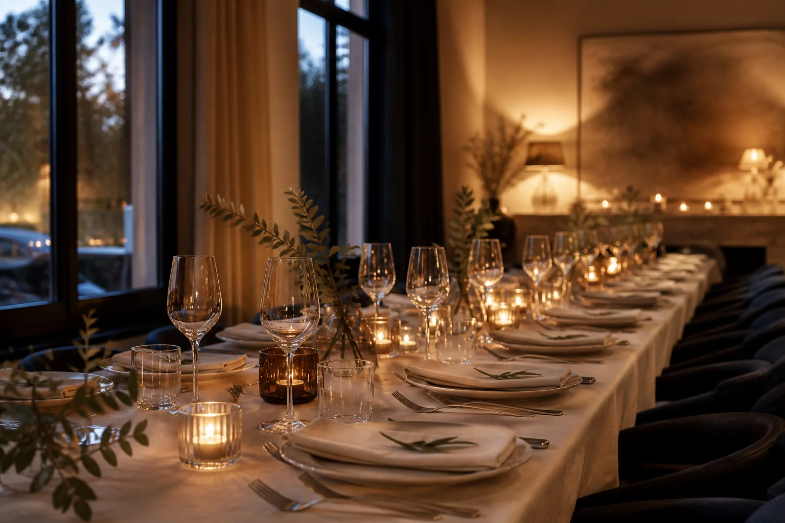 Elegant gedeckte Tafel mit Kerzen und Gläsern für eine festliche Feier