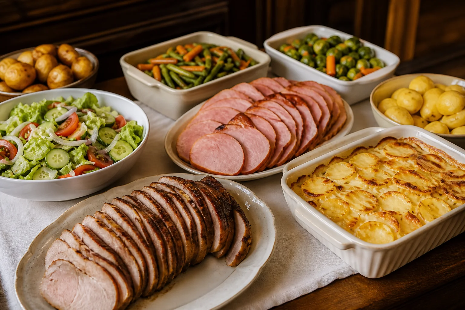 Familienbuffet mit Schweinebraten, Kasseler, Kartoffelgratin, Gemüse und Salat