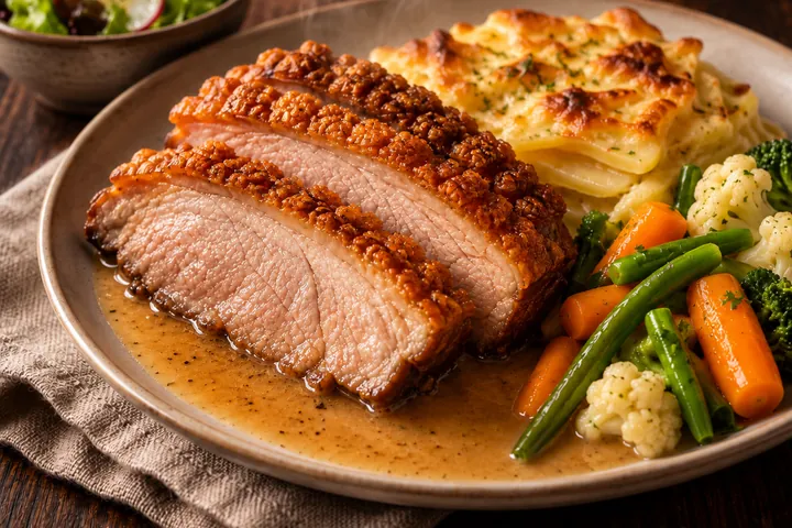 Krustenbraten mit knuspriger Schwarte, Rahmsoße, Kartoffelgratin und buntem Gemüse