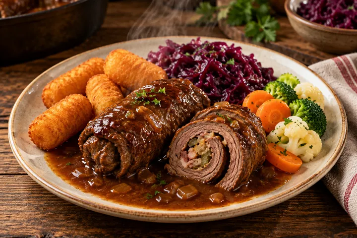 Rinderrouladen in dunkler Soße mit Rotkohl, Kroketten und buntem Gemüse