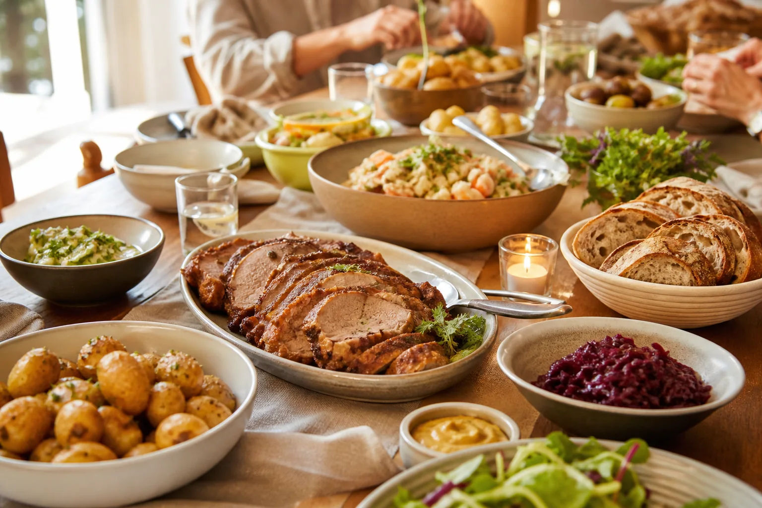 Gesellige Tafel mit rustikalen Speisen, Brot, Schalen und natürlichen Materialien