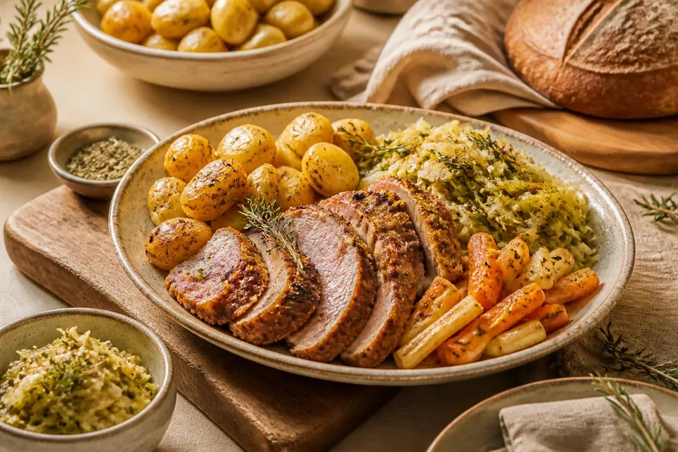 Rustikale Servierplatte mit Braten, Kartoffeln, Kraut, Gemüse und Krustenbrot