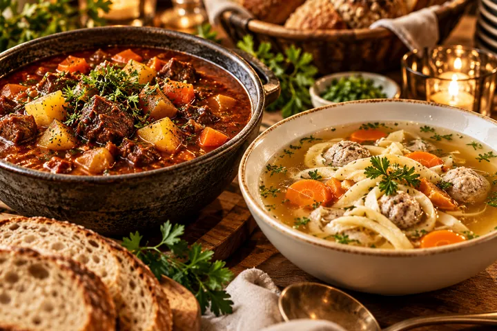 Herzhafter Eintopf und klare Suppe mit Gemüse, Fleischklößchen und frischem Brot