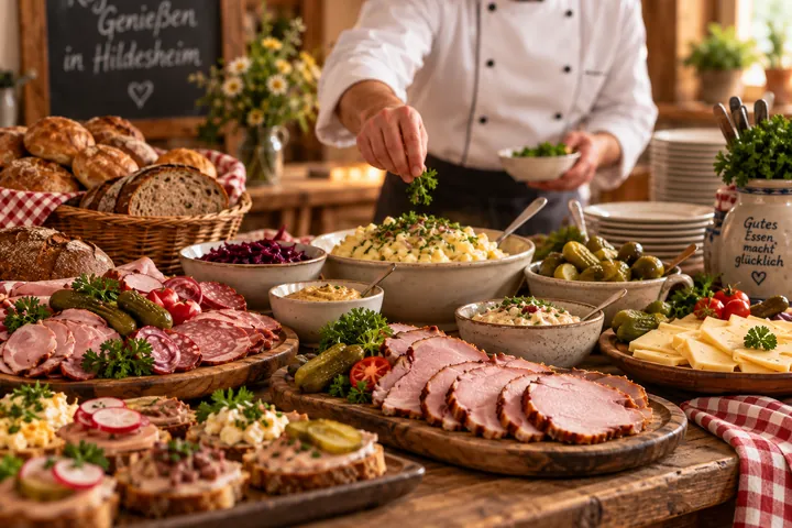 Koch richtet ein Buffet mit Braten, Aufschnitt, Käse, Salaten und belegten Broten an