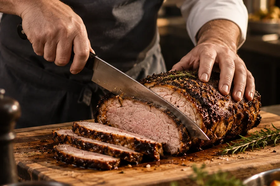 Koch schneidet frisch zubereiteten Braten beim Partyservice Kroll