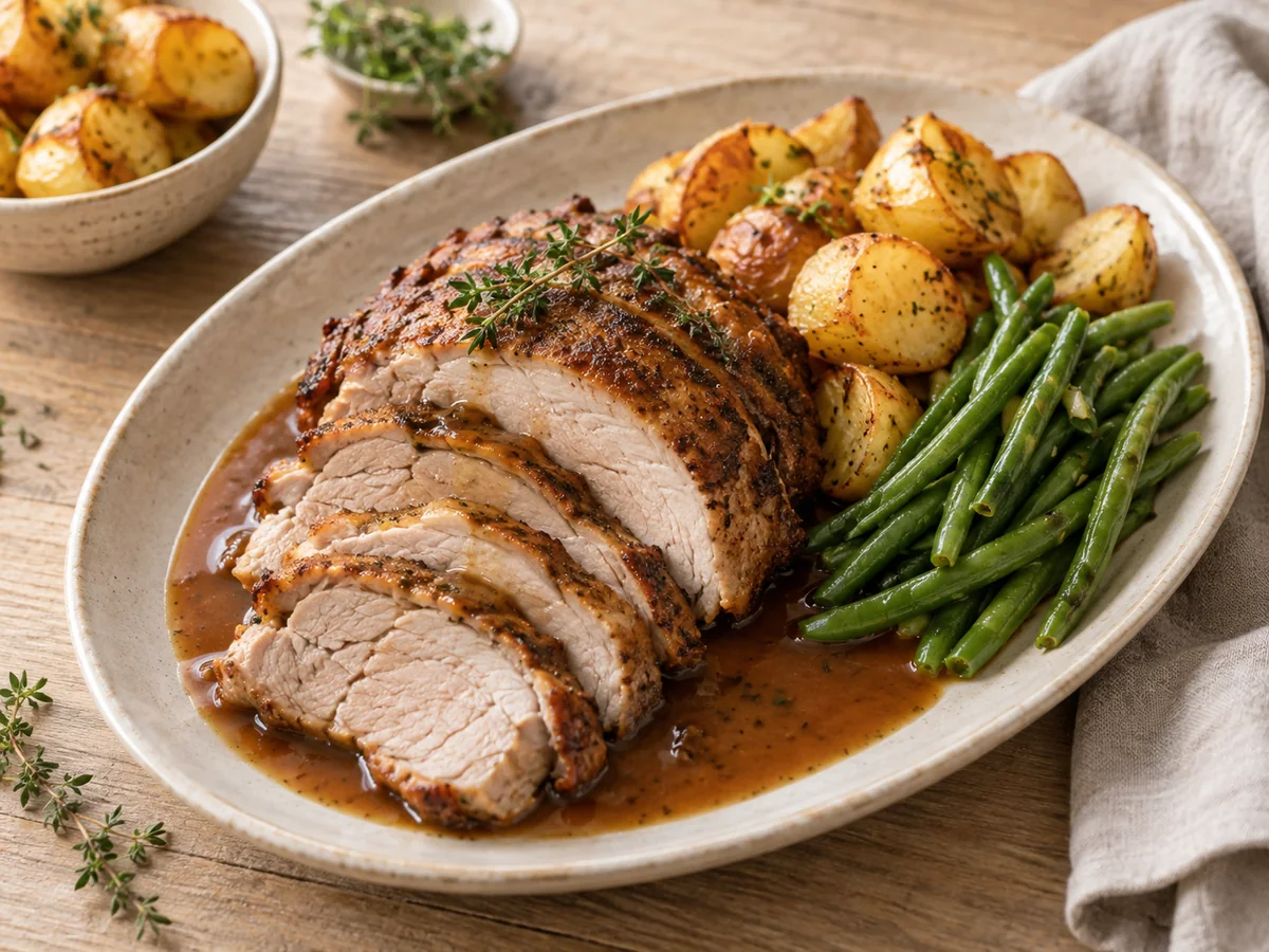 Schweinebraten mit Soße, Kartoffeln und grünen Bohnen