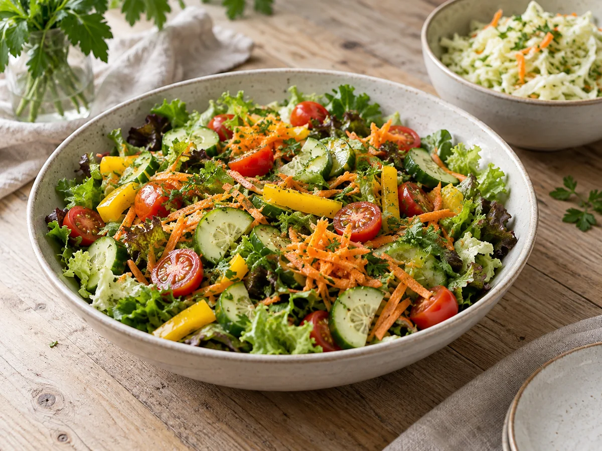 Frischer gemischter Salat mit Gurken, Tomaten, Paprika und Karotten