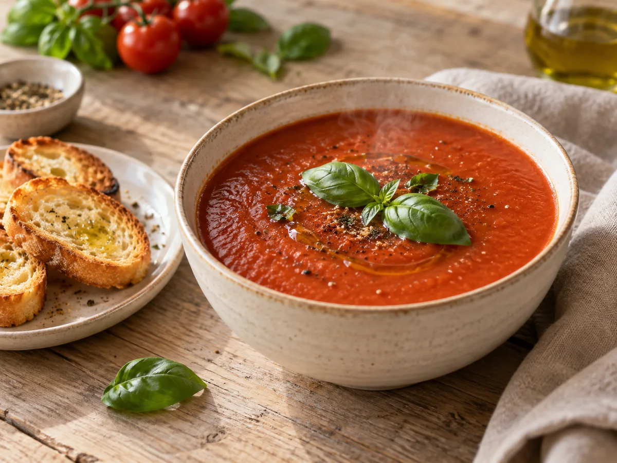 Tomatensuppe mit Basilikum und knusprigen Crostini