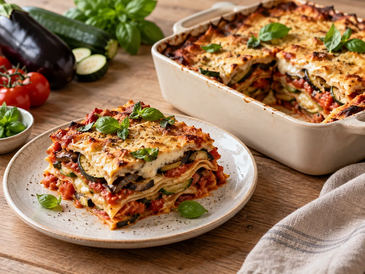 Vegane Gemüselasagne mit Zucchini, Aubergine und Tomaten