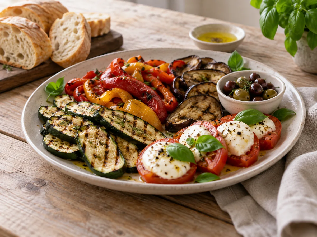 Antipasti mit gegrilltem Gemüse und Tomate-Mozzarella